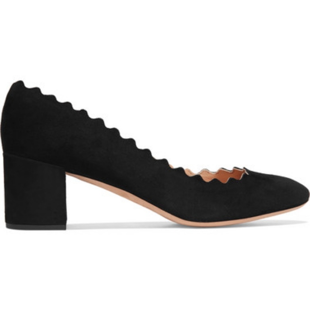 Chloé Black Suede Scalloped Block Heel Pumps
